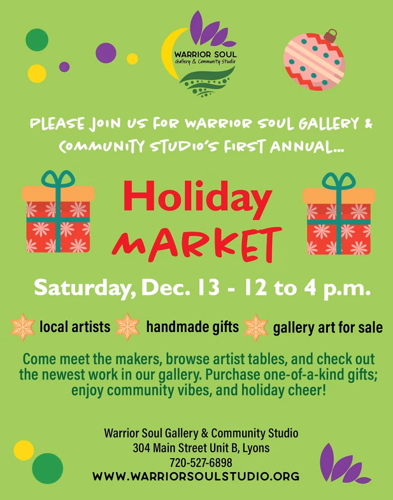 A bright green holiday market poster with ornaments and gift icons. Text reads “Holiday Market — Saturday, Dec. 13, 12 to 4 p.m.” with details about local artists, handmade gifts, and gallery art for sale. The bottom banner lists “Saturday, December 13th, 12:00 PM to 4:00 PM” alongside the Imagine! logo.